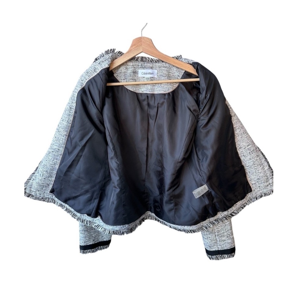 Calvin Klein Blazer Jacket Coat Black White Tweed Fringe Open Front Size 12 - Picture 4 of 9